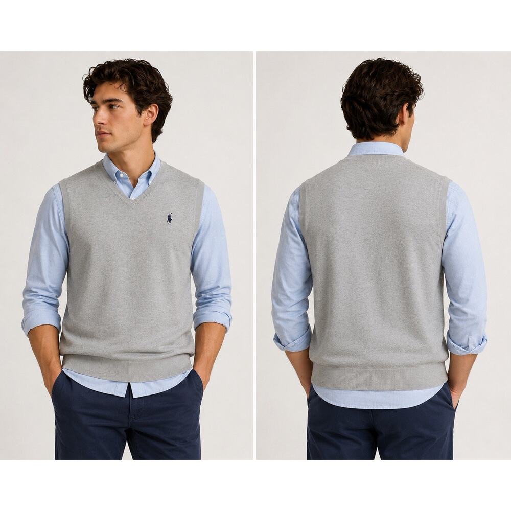Polo Ralph Lauren Mens Sweater Vest Heather Gray Size Medium 100% Pima Cotton